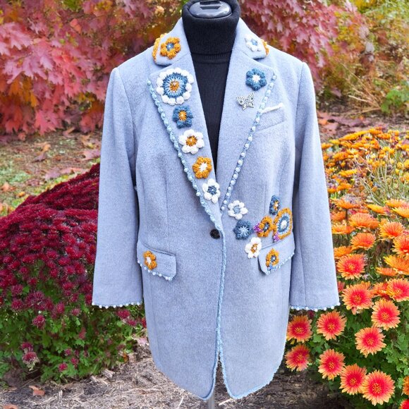 Upcycled Jackets & Blazers - Upcycle Light Blue Coat with Crochet Flowers and Pearl Beads Size 16